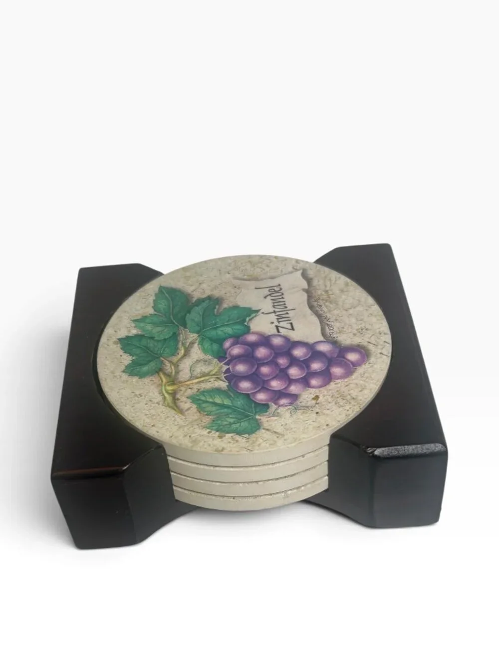 Vintage E. Rosenfeld Frank Ceramic Wine Coasters Set of 4 with Wood Caddy Holder